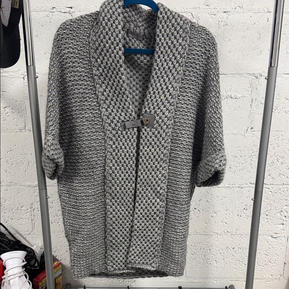 ELSAMANDA Gray Knit Cardigan with Leather Middle Closure - BRAND NEW - Size Smal